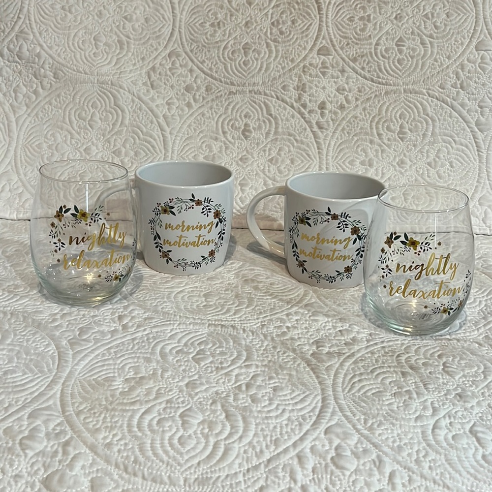 Melwood‎ by TMD Retail mugs and stemless wine glasses, NWOT